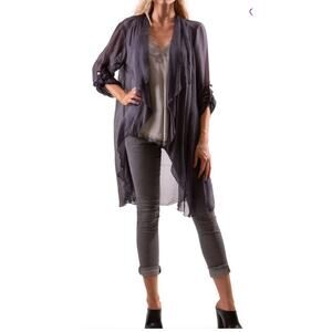Gigi Moda Portici Long Draped Open-Front Semi-Sheer Charcoal Silk Cardigan,OSFM